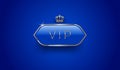 Vip glass label with golden crown and frame on a blue pattern background. Premium design. Luxury template design.